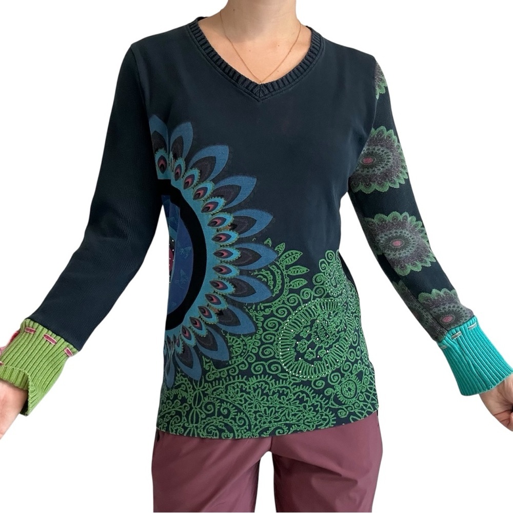Desigual Y2K T-Shirt Long Sleeve V-Neck Top Peacock Colorful Size Extra Large